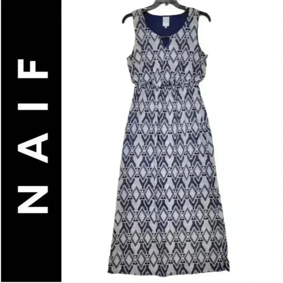 Naif Bohemian Sleeveless Blue & White Maxi Dress w/ Empire Waist, Size Large - Picture 2 of 6
